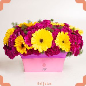 باکس گل ژربرا و میخک با جعبه صورتی