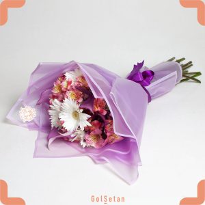 دسته گل آنتوریوم و ژربرا و آلستر