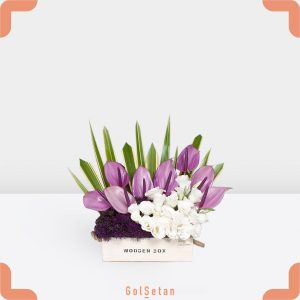 باکس گل آنتوریوم و لیسیانتوس زیبا و با رنگ های ملایم