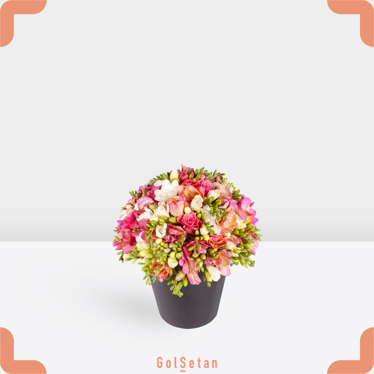 rose-and-friesia-flower-black-box باکس گل رز و فریزیا صورتی