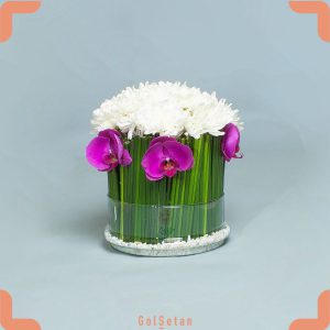 باکس گل داوودی و ارکیده سفید و بنفش