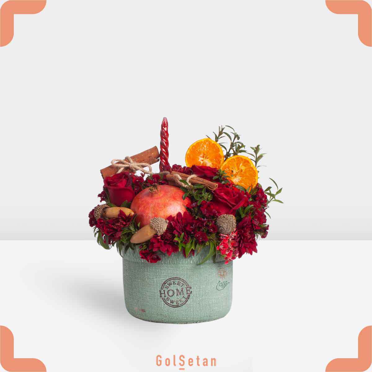 dianthus-rose-chrysanthemum-box باکس رز و داوودی و قرنفل و میوه