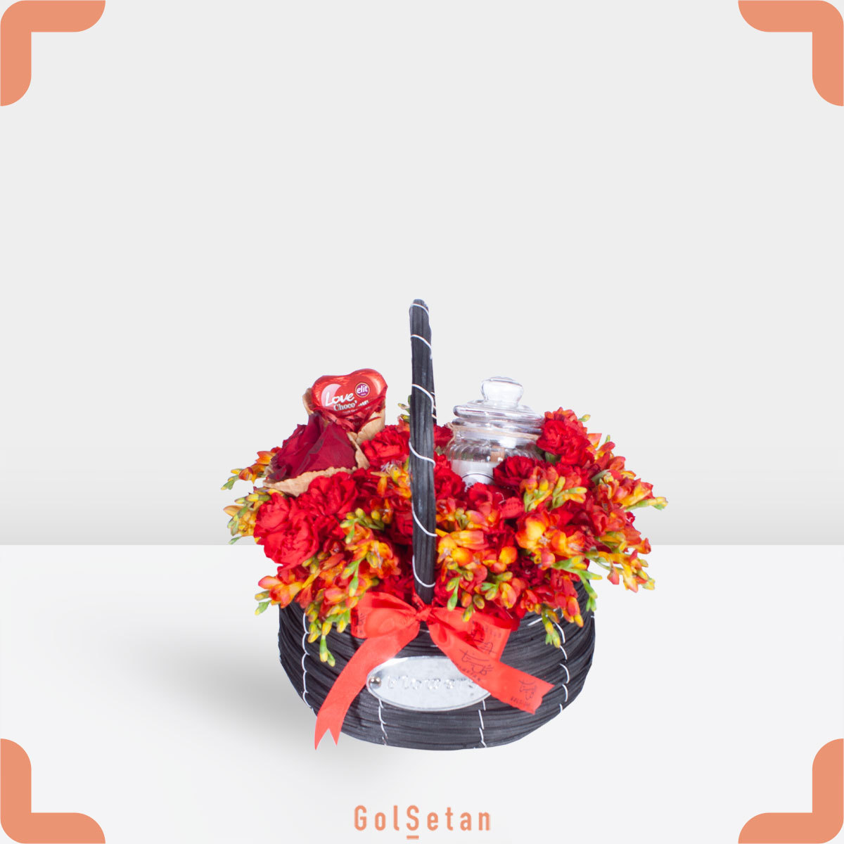 red-freesia-chocolate-gift سبد گل فریزیا قرمز و شکلات و میخک