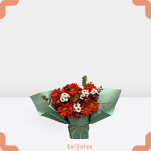دسته گل داوودی قرمز و سفید و نارنجی